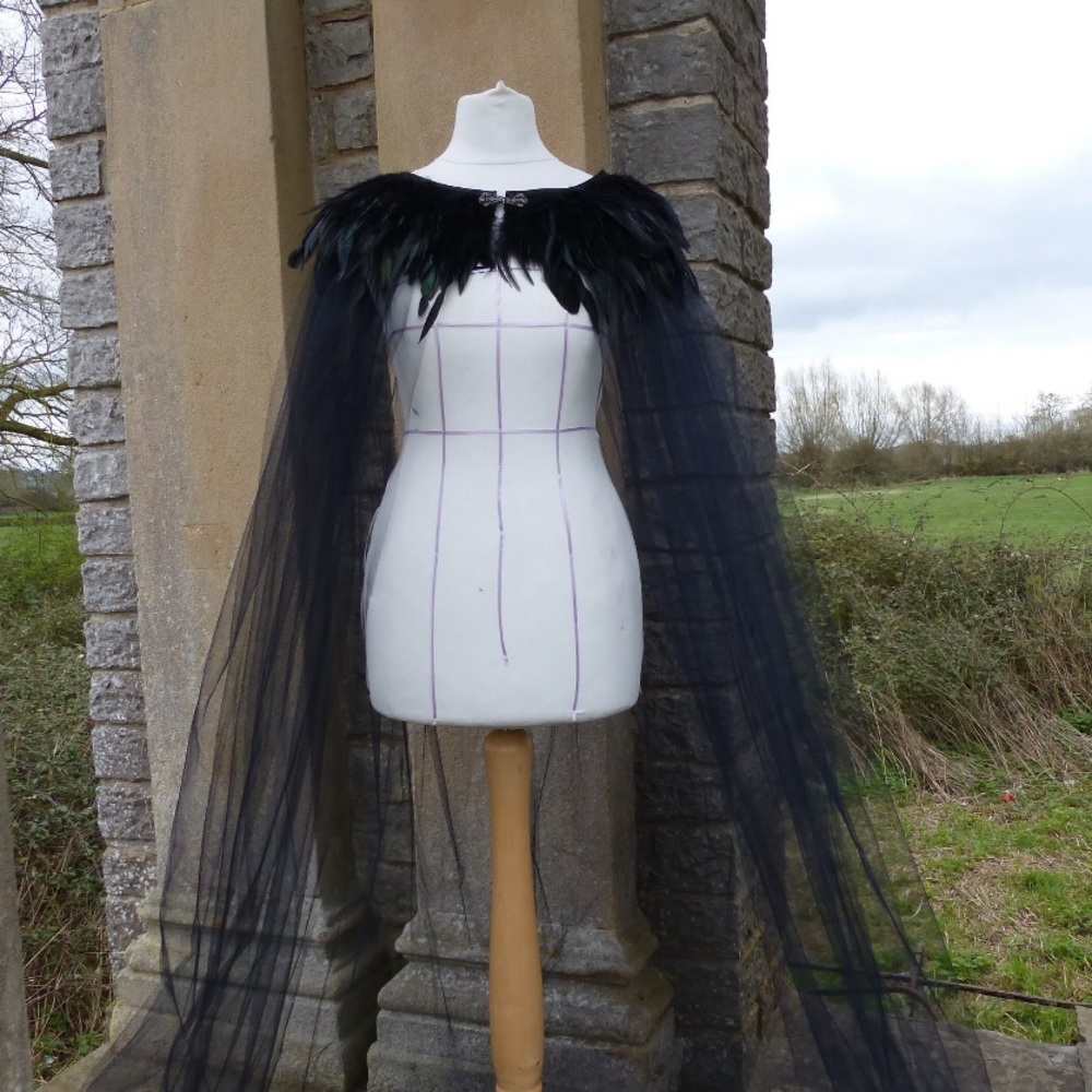 Black Feather Tulle Cape - 71 inches